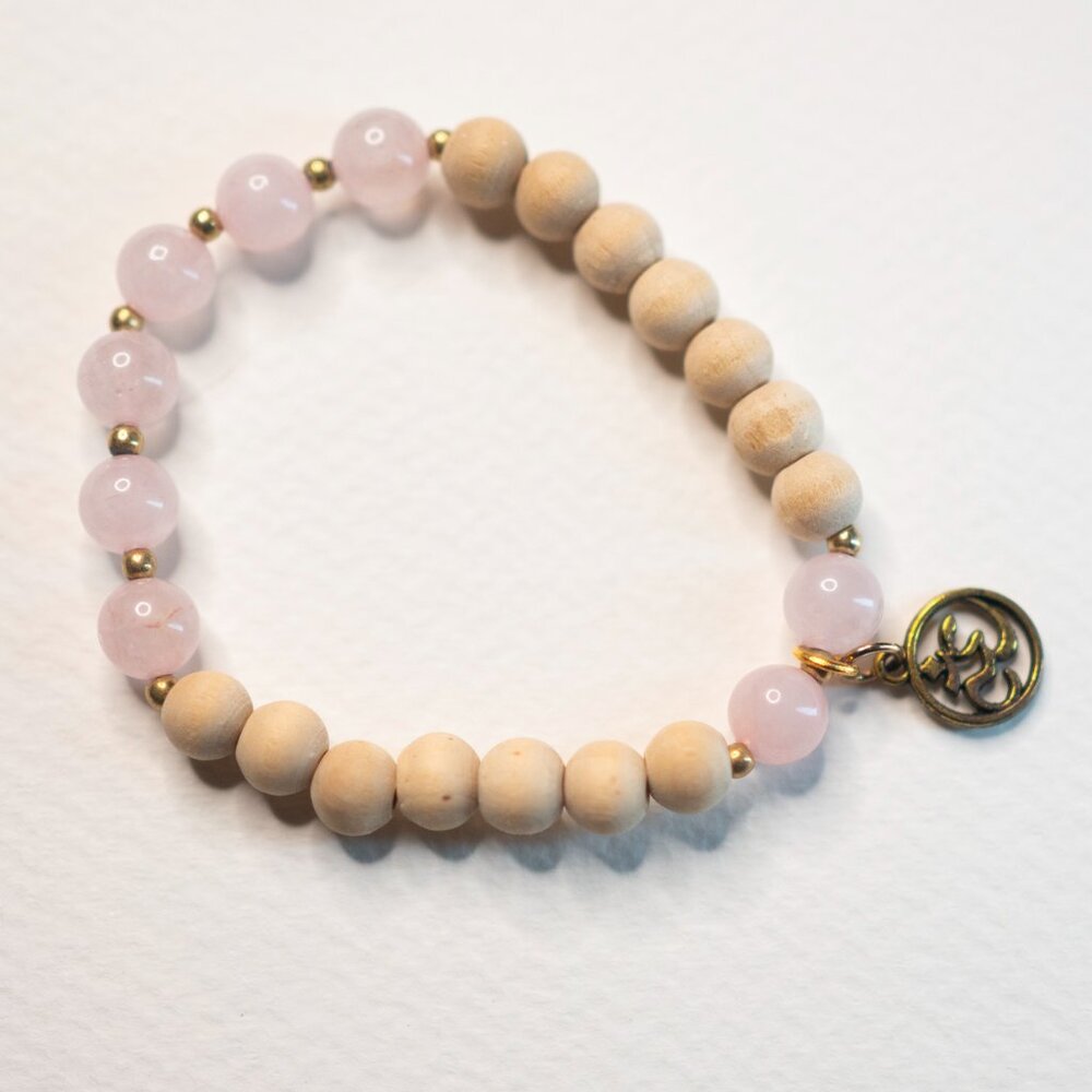 Sandalwood + Rose Quartz + Om Symbol mala-style bracelet - yoga, meditation